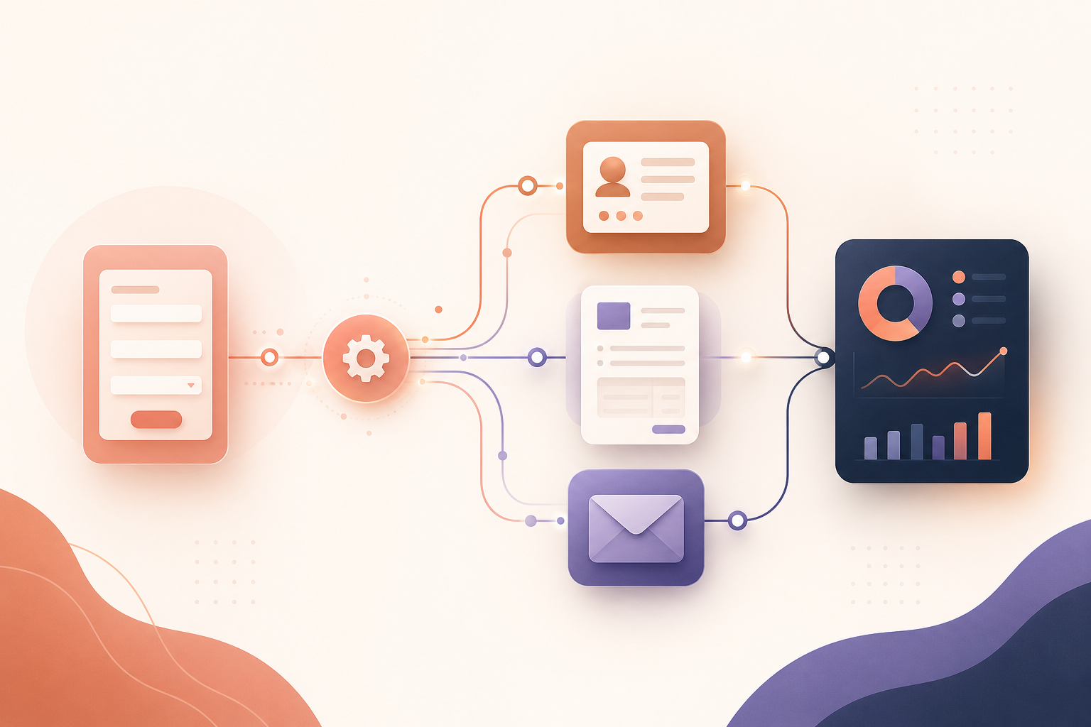 Automated workflow connecting a form, CRM, invoice, email, and dashboard
