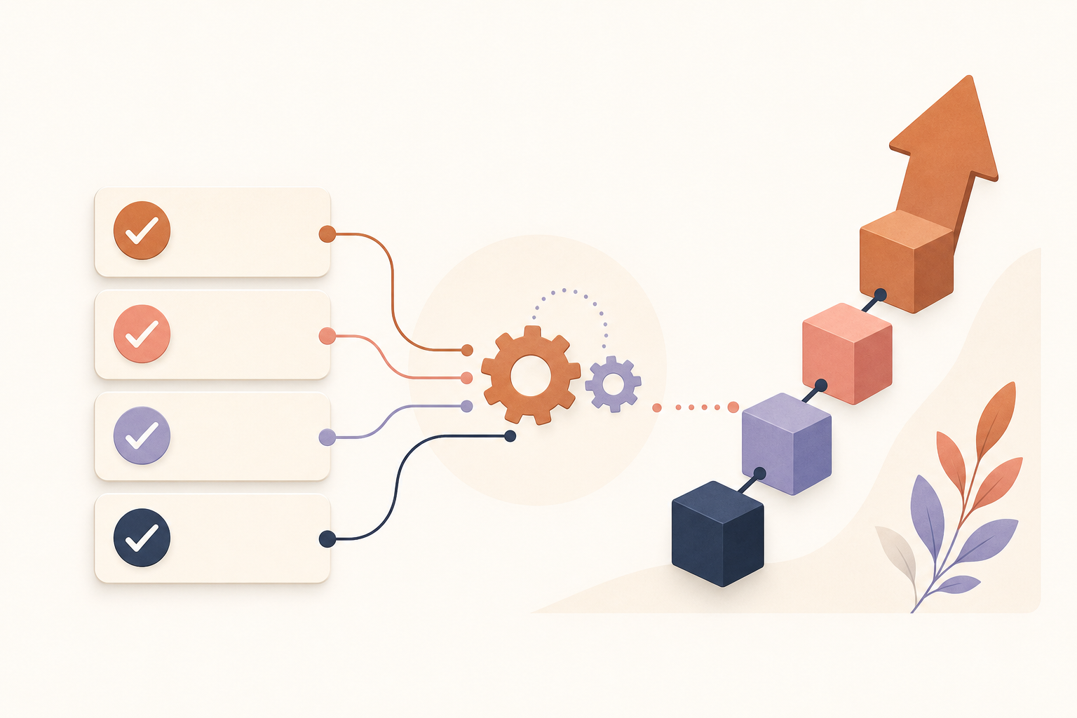 A short checklist of steps turning into an upward-rising stack of blocks